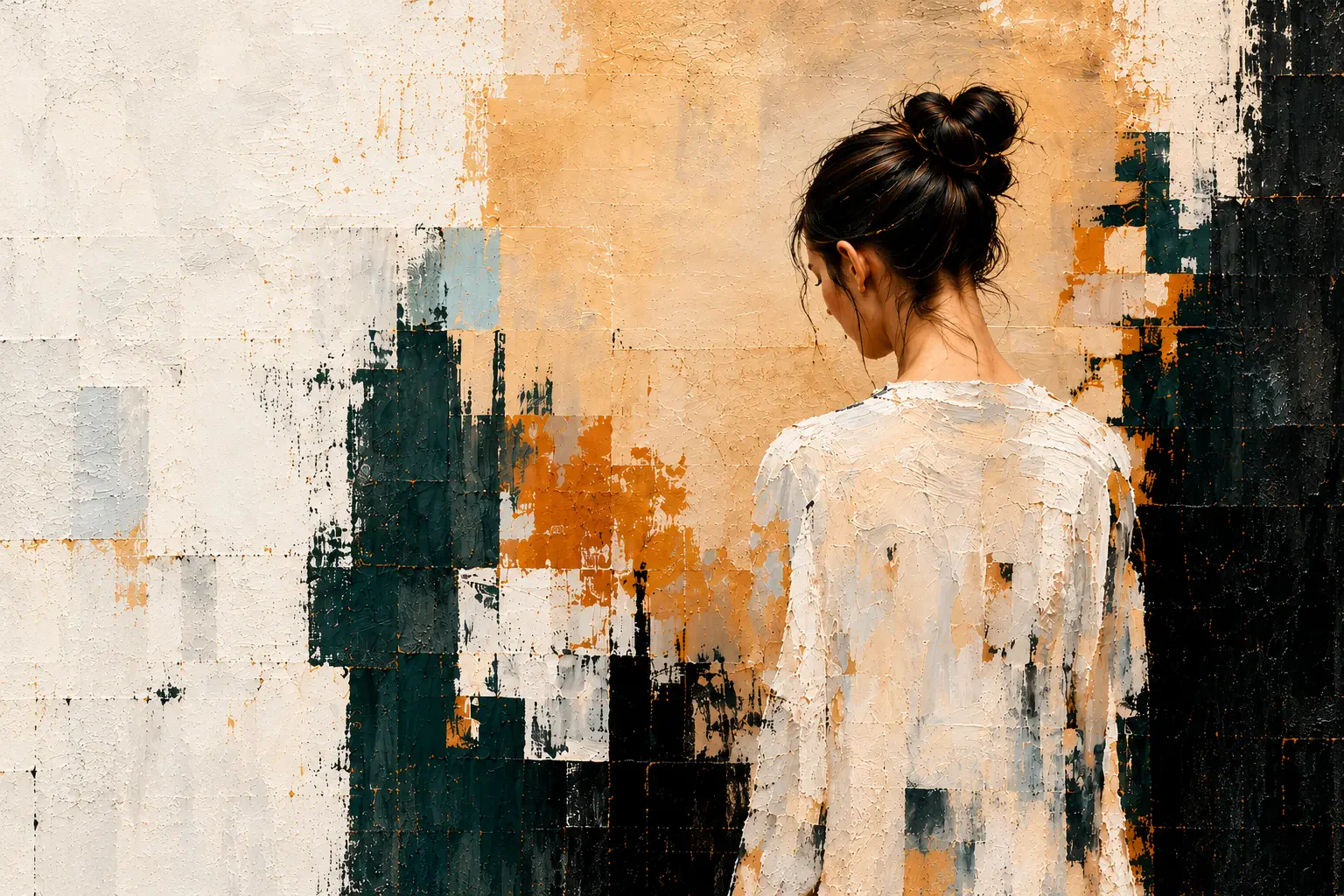 Peinture au couteau : une femme de dos, chignon sombre et chemise blanche, devant un mur abstrait aux aplats beige, ocre et bleu nuit